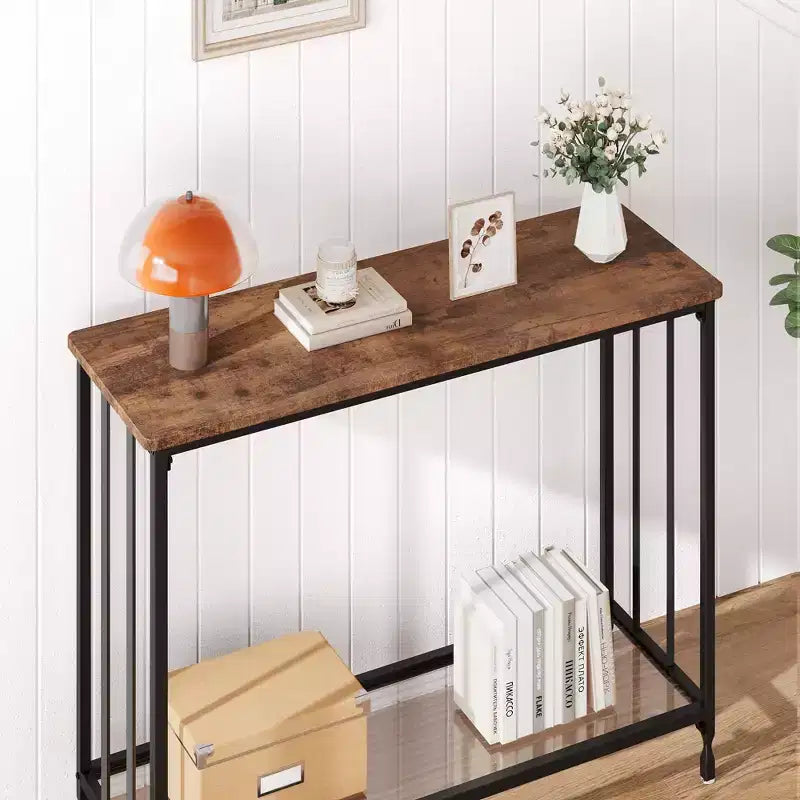 Console Table  2-Tier Industrial Entryway Table with Glass Shelf (Rustic Brown, for Living Room/Hallway/Bedroom)