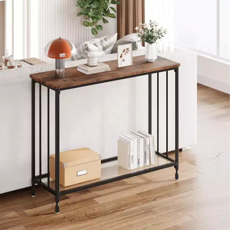 Console Table  2-Tier Industrial Entryway Table with Glass Shelf (Rustic Brown, for Living Room/Hallway/Bedroom)