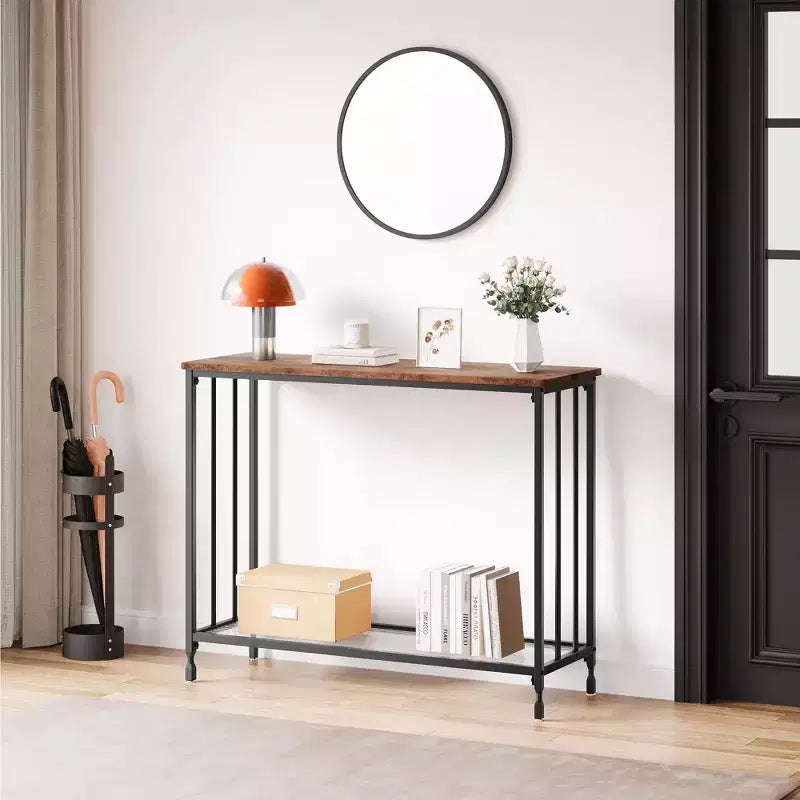 Console Table  2-Tier Industrial Entryway Table with Glass Shelf (Rustic Brown, for Living Room/Hallway/Bedroom)