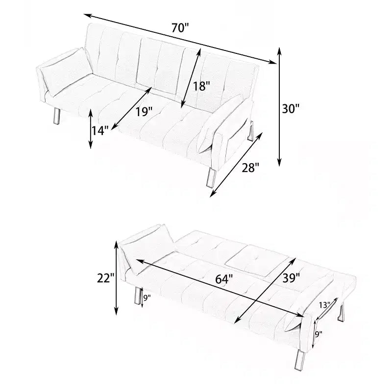 MAYEERTY 70 Inch Multifunctional Cotton Sofa Bed with Cup Holder Side Storage for Living Room Bedroom Yellow