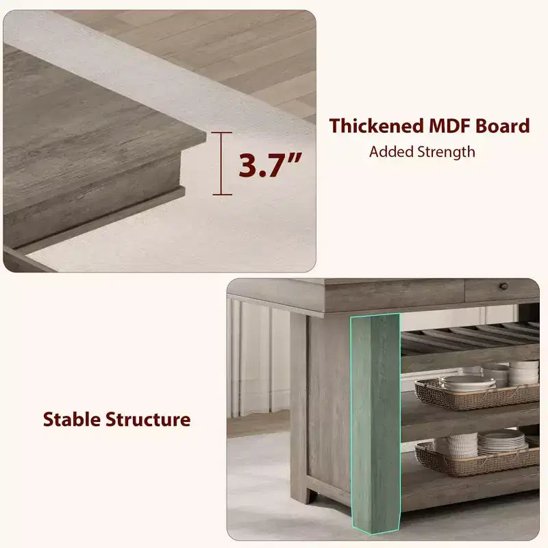 60-Inch Kitchen Island with Storage, Farmhouse 4-Tier Stationary Island Table with Large Countertop for Kitchen, Dining Room, Living Room