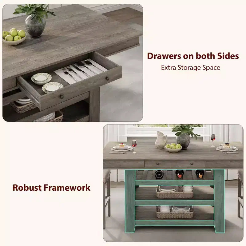 60-Inch Kitchen Island with Storage, Farmhouse 4-Tier Stationary Island Table with Large Countertop for Kitchen, Dining Room, Living Room
