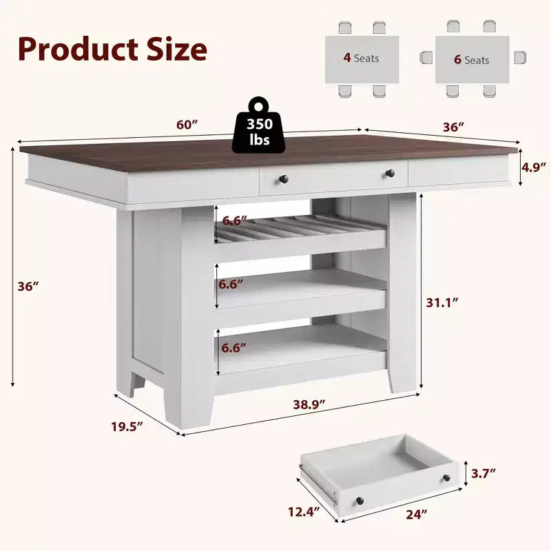 60-Inch Kitchen Island with Storage, Farmhouse 4-Tier Stationary Island Table with Large Countertop for Kitchen, Dining Room, Living Room