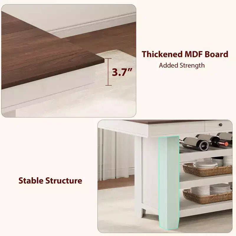 60-Inch Kitchen Island with Storage, Farmhouse 4-Tier Stationary Island Table with Large Countertop for Kitchen, Dining Room, Living Room