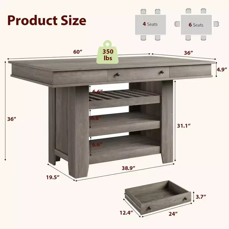 60-Inch Kitchen Island with Storage, Farmhouse 4-Tier Stationary Island Table with Large Countertop for Kitchen, Dining Room, Living Room