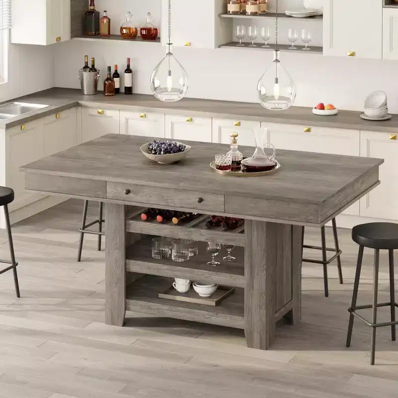 60-Inch Kitchen Island with Storage, Farmhouse 4-Tier Stationary Island Table with Large Countertop for Kitchen, Dining Room, Living Room