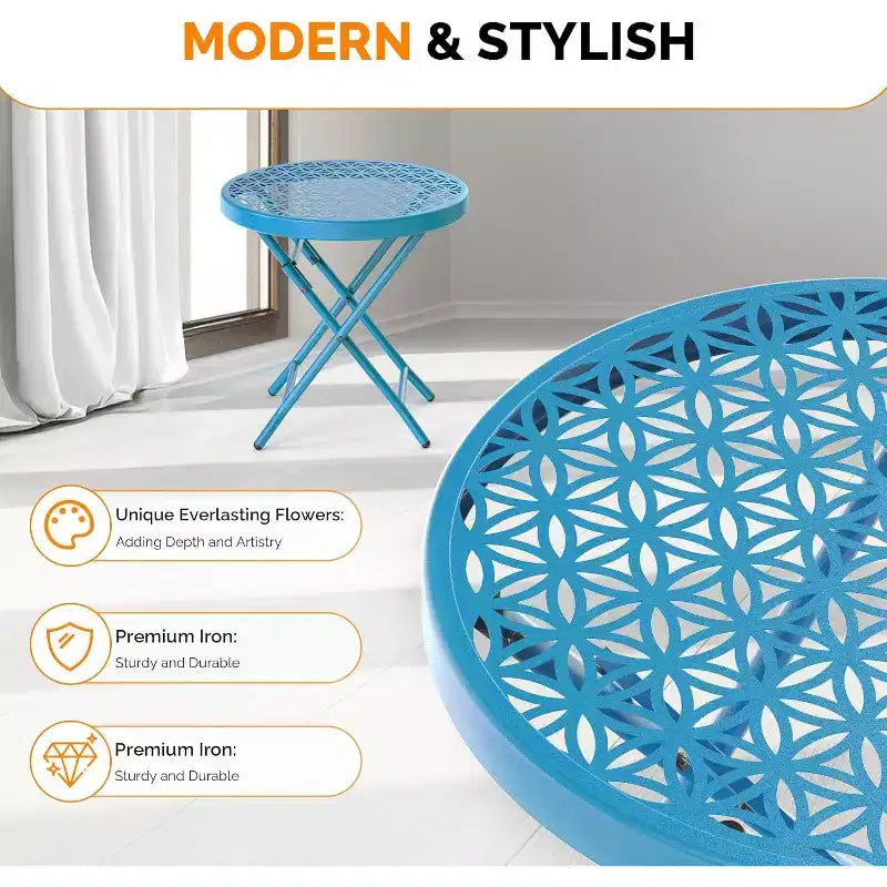 VINGLI Patio Folding Side Table, Small Outdoor Table with Everlasting Floral Pattern and Sturdy X-Shaped Metal Frame Ideal,Blue, 1 Pack