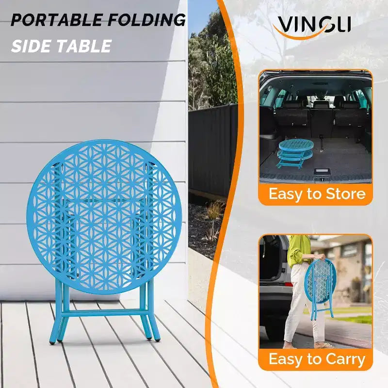 VINGLI Patio Folding Side Table, Small Outdoor Table with Everlasting Floral Pattern and Sturdy X-Shaped Metal Frame Ideal,Blue, 1 Pack