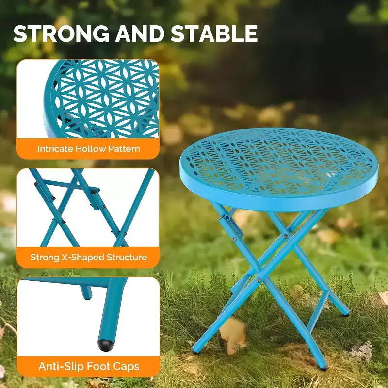 VINGLI Patio Folding Side Table, Small Outdoor Table with Everlasting Floral Pattern and Sturdy X-Shaped Metal Frame Ideal,Blue, 1 Pack