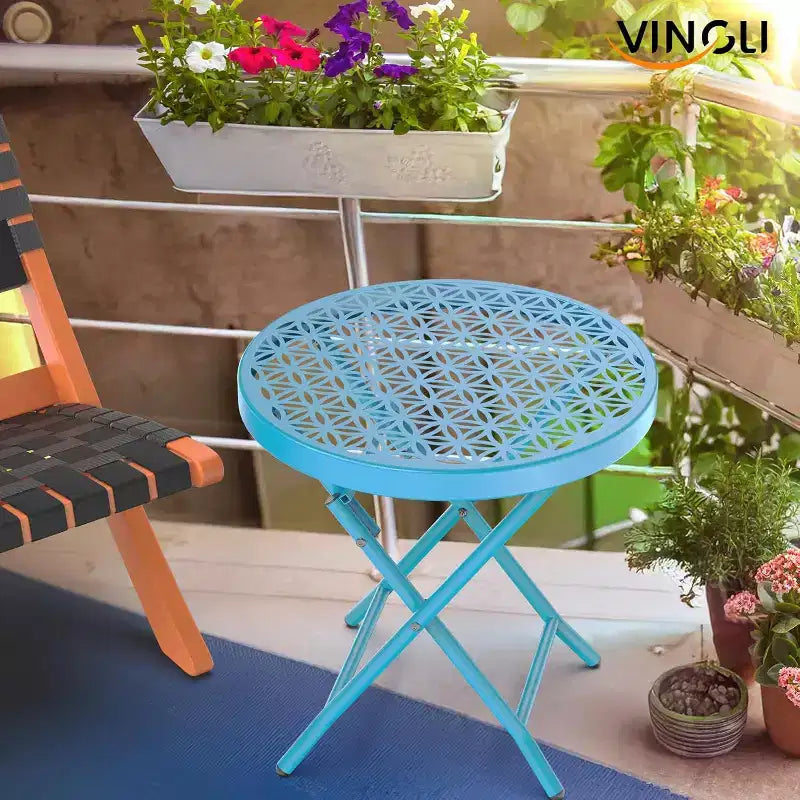 VINGLI Patio Folding Side Table, Small Outdoor Table with Everlasting Floral Pattern and Sturdy X-Shaped Metal Frame Ideal,Blue, 1 Pack