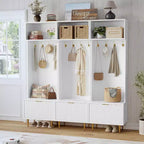 74 Modern Hall Tree with Bench & Storage, Entryway Organizer with 4 Gold Hooks, Shoe Cabinet for Living Room, Coat Rack with Metal Legs