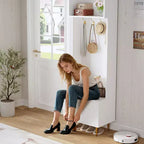 74 Modern Hall Tree with Bench & Storage, Entryway Organizer with 4 Gold Hooks, Shoe Cabinet for Living Room, Coat Rack with Metal Legs