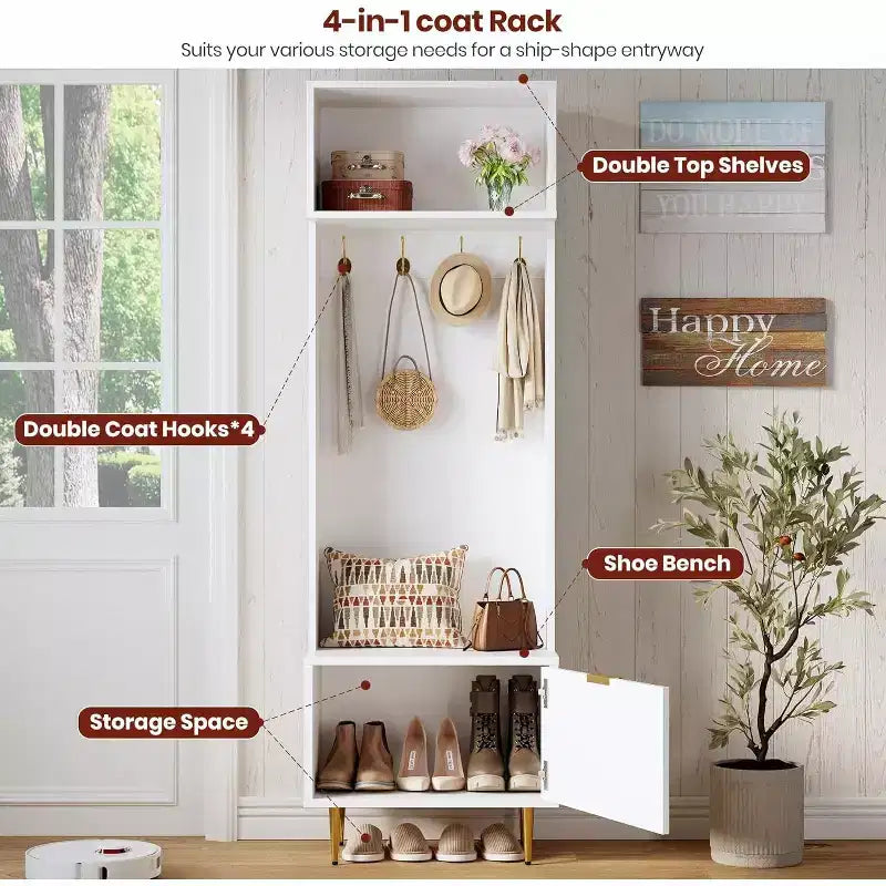 74 Modern Hall Tree with Bench & Storage, Entryway Organizer with 4 Gold Hooks, Shoe Cabinet for Living Room, Coat Rack with Metal Legs