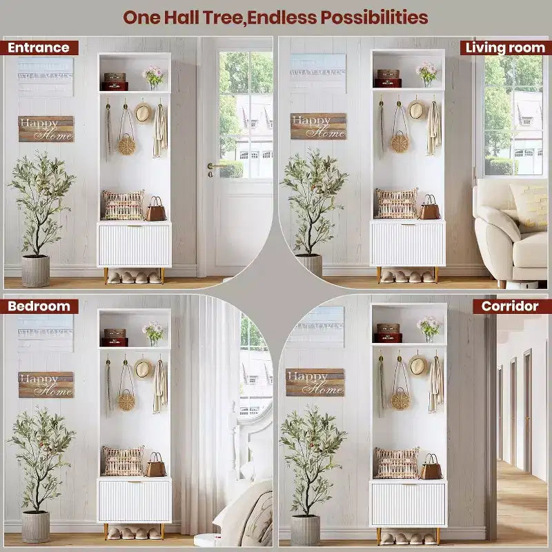 74 Modern Hall Tree with Bench & Storage, Entryway Organizer with 4 Gold Hooks, Shoe Cabinet for Living Room, Coat Rack with Metal Legs