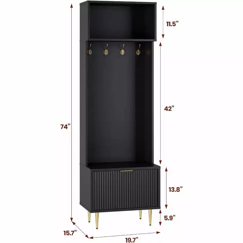 74 Modern Hall Tree with Bench & Storage, Entryway Organizer with 4 Gold Hooks, Shoe Cabinet for Living Room, Coat Rack with Metal Legs