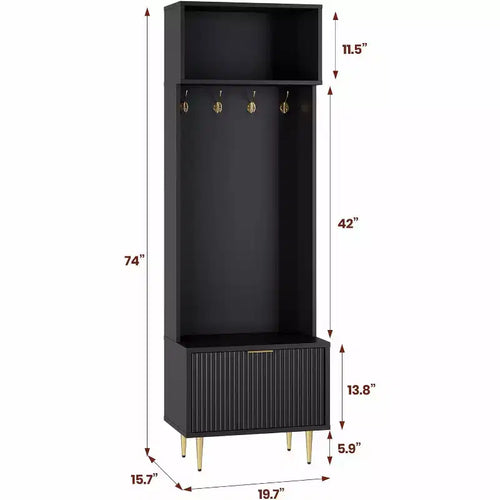 74 Modern Hall Tree with Bench & Storage, Entryway Organizer with 4 Gold Hooks, Shoe Cabinet for Living Room, Coat Rack with Metal Legs
