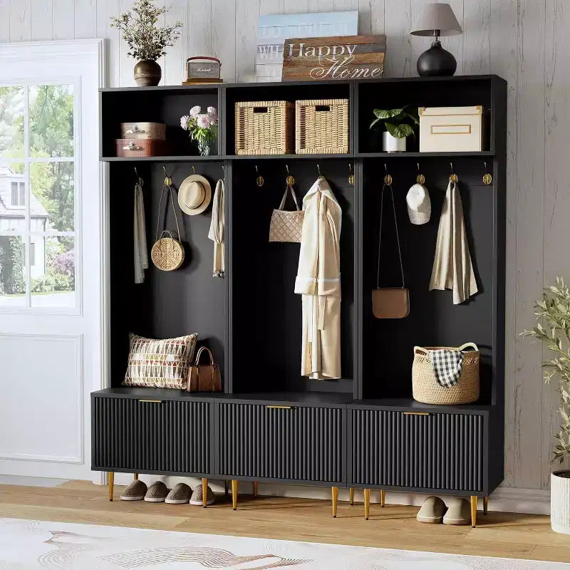 74 Modern Hall Tree with Bench & Storage, Entryway Organizer with 4 Gold Hooks, Shoe Cabinet for Living Room, Coat Rack with Metal Legs