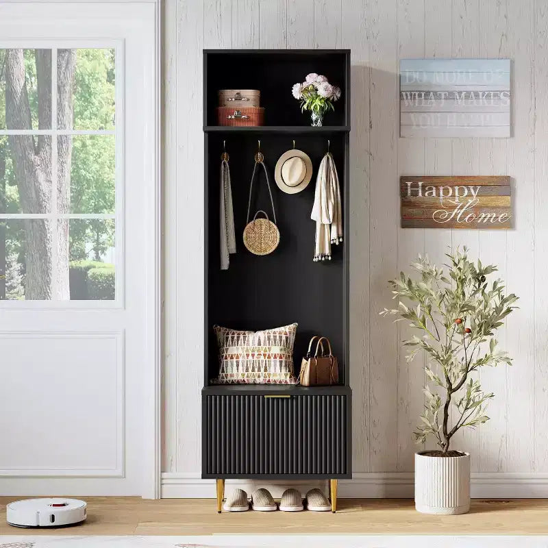 74 Modern Hall Tree with Bench & Storage, Entryway Organizer with 4 Gold Hooks, Shoe Cabinet for Living Room, Coat Rack with Metal Legs
