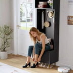 74 Modern Hall Tree with Bench & Storage, Entryway Organizer with 4 Gold Hooks, Shoe Cabinet for Living Room, Coat Rack with Metal Legs