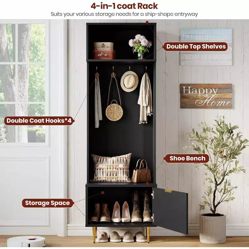 74 Modern Hall Tree with Bench & Storage, Entryway Organizer with 4 Gold Hooks, Shoe Cabinet for Living Room, Coat Rack with Metal Legs