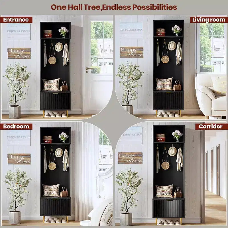 74 Modern Hall Tree with Bench & Storage, Entryway Organizer with 4 Gold Hooks, Shoe Cabinet for Living Room, Coat Rack with Metal Legs