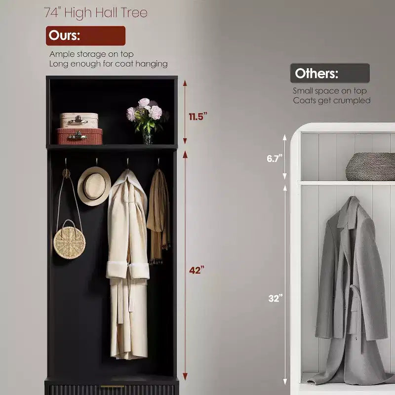 74 Modern Hall Tree with Bench & Storage, Entryway Organizer with 4 Gold Hooks, Shoe Cabinet for Living Room, Coat Rack with Metal Legs
