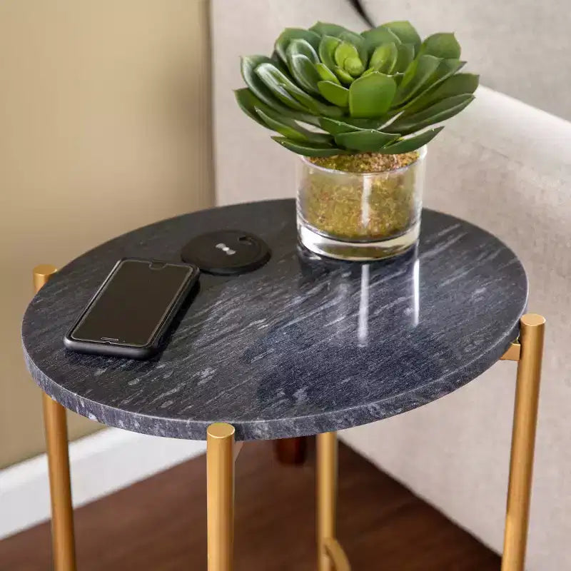 Clarvin Side Table with Wireless Charging Station - Gold/Black - SEI