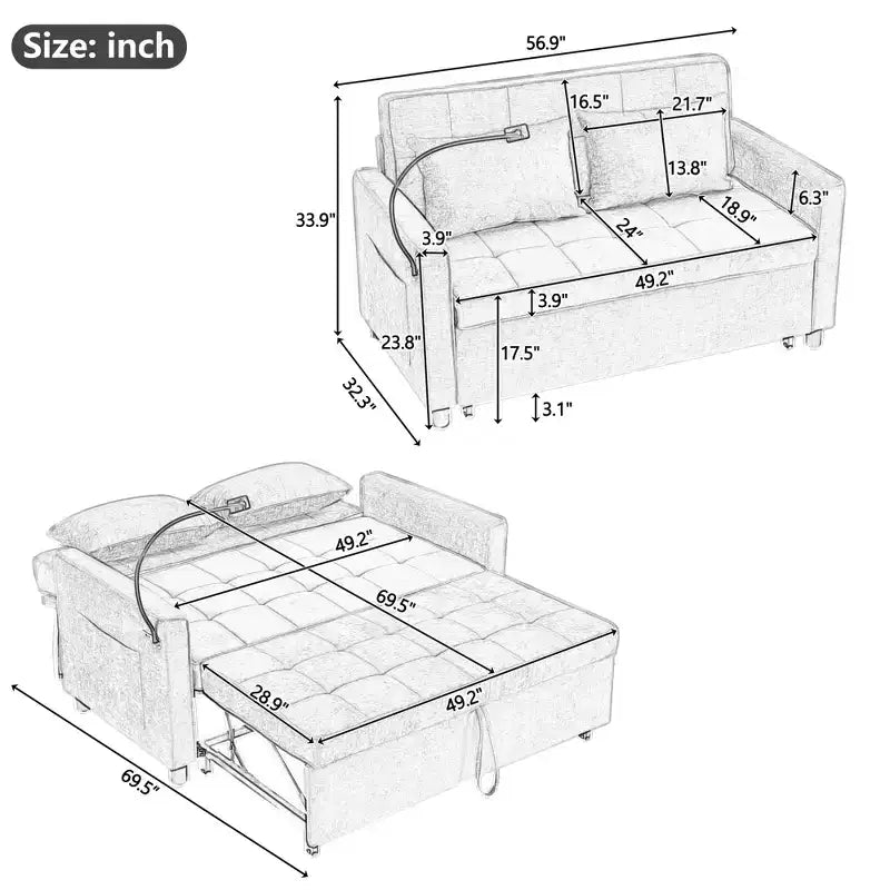 MAYEERTY 56.9 Inch Loveseat Pull Out Sleeper Sofa Bed with Reversible Backrest Cushion Side Pockets Phone Holder for Living Room Green