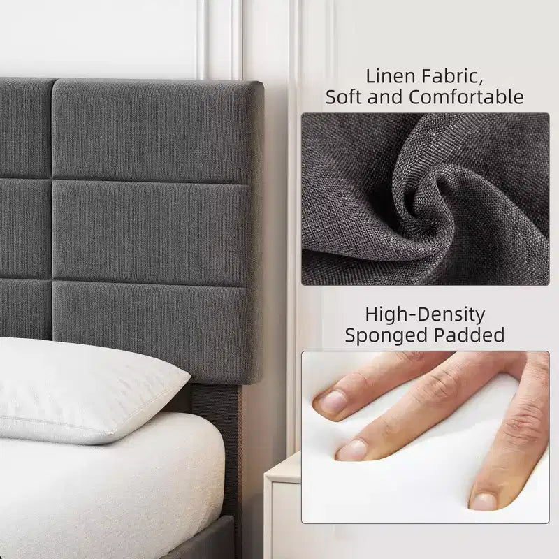 Linen Upholstered Platform Bed Frame with Adjustable Headboard  Grey, No Box Spring Needed