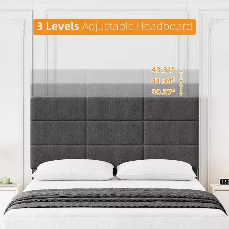 Linen Upholstered Platform Bed Frame with Adjustable Headboard  Grey, No Box Spring Needed