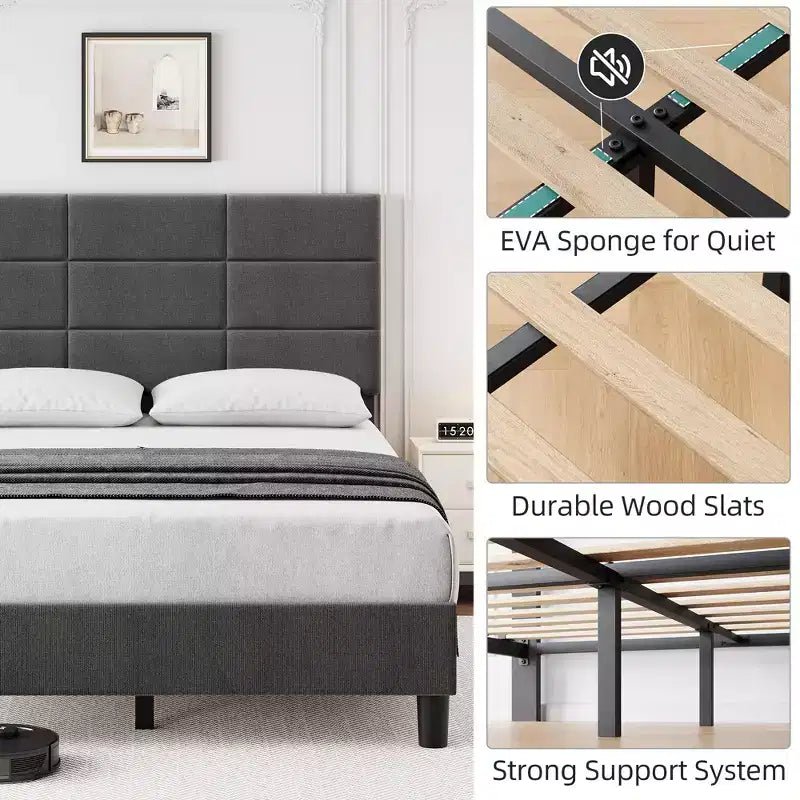 Linen Upholstered Platform Bed Frame with Adjustable Headboard  Grey, No Box Spring Needed