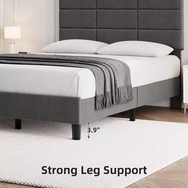 Linen Upholstered Platform Bed Frame with Adjustable Headboard  Grey, No Box Spring Needed