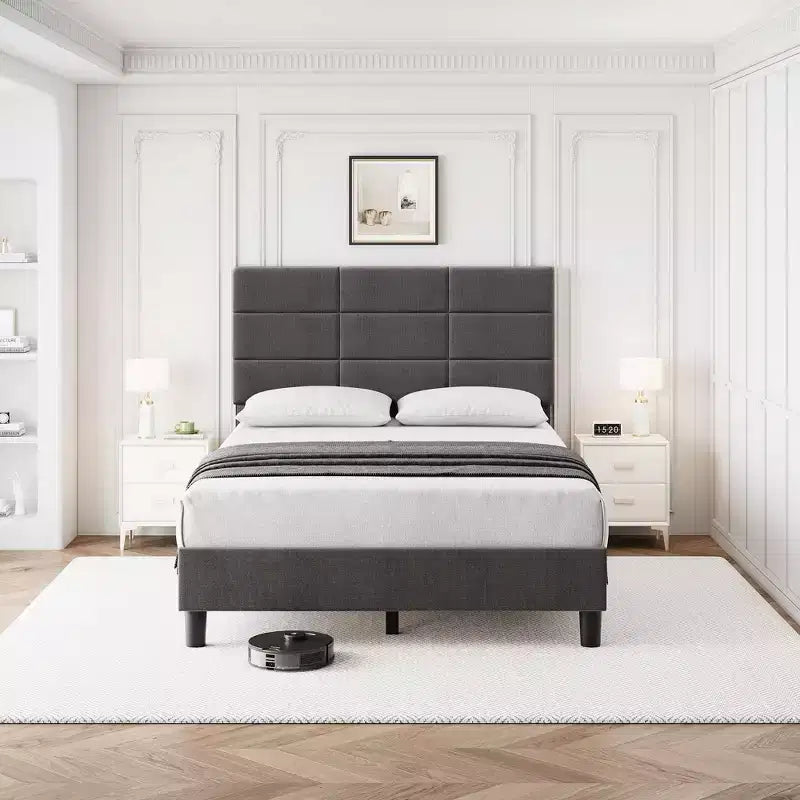 Linen Upholstered Platform Bed Frame with Adjustable Headboard  Grey, No Box Spring Needed