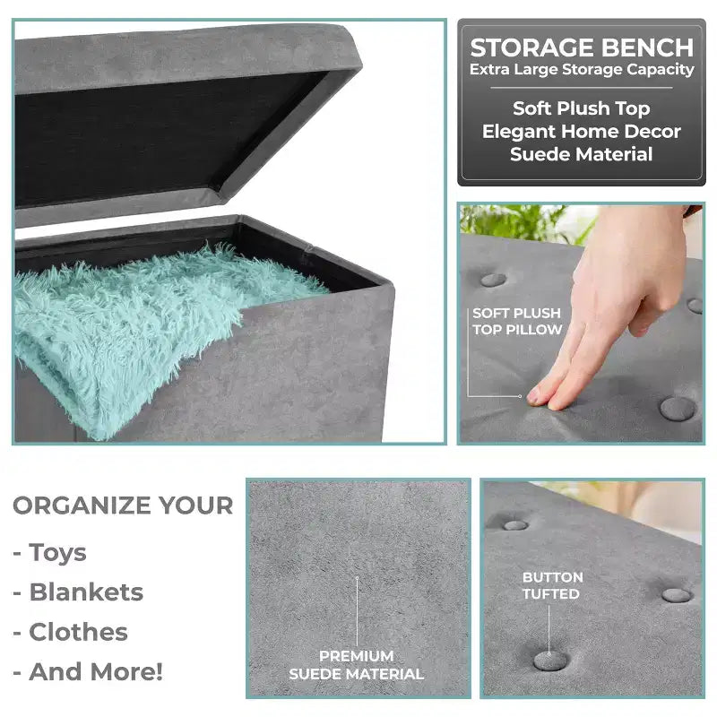 Seat & Declutter! Plush cushion, hidden storage, lightweight & portable. Folds flat