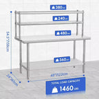 Stainless Steel Table 48x24, Heavy Duty Metal Commercial Prep Table with Four Tiers of Storage with Hooks for Kitchen, Home, Hotel Food Prep
