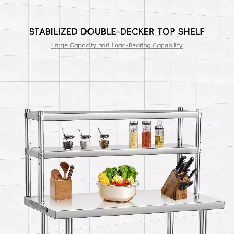 Stainless Steel Table 48x24, Heavy Duty Metal Commercial Prep Table with Four Tiers of Storage with Hooks for Kitchen, Home, Hotel Food Prep