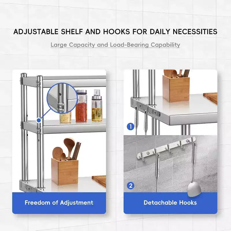 Stainless Steel Table 48x24, Heavy Duty Metal Commercial Prep Table with Four Tiers of Storage with Hooks for Kitchen, Home, Hotel Food Prep