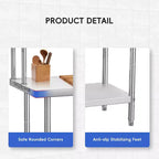Stainless Steel Table 48x24, Heavy Duty Metal Commercial Prep Table with Four Tiers of Storage with Hooks for Kitchen, Home, Hotel Food Prep