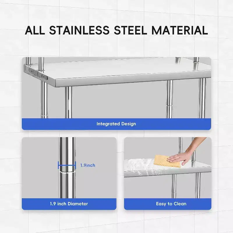 Stainless Steel Table 48x24, Heavy Duty Metal Commercial Prep Table with Four Tiers of Storage with Hooks for Kitchen, Home, Hotel Food Prep