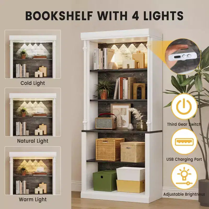 Kitchen pantry cabinet with LED lighting and overhead storage, suitable for dining rooms and living rooms.