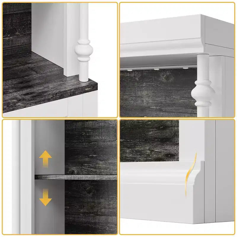 Kitchen pantry cabinet with LED lighting and overhead storage, suitable for dining rooms and living rooms.