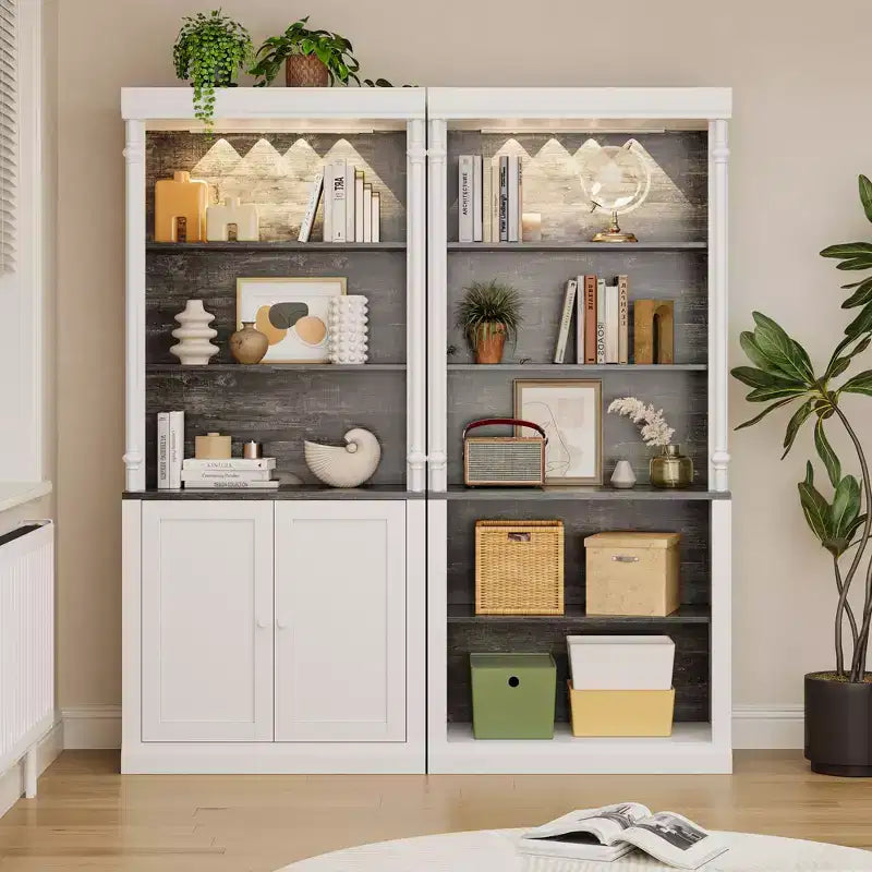 Kitchen pantry cabinet with LED lighting and overhead storage, suitable for dining rooms and living rooms.