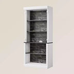 Kitchen pantry cabinet with LED lighting and overhead storage, suitable for dining rooms and living rooms.
