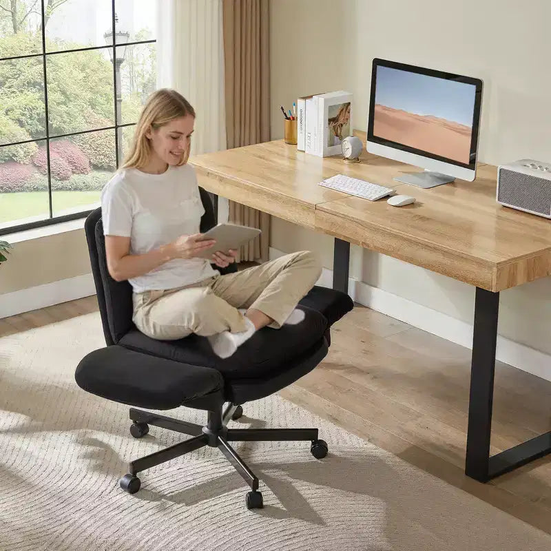 Bestier Criss Cross Chair with Armrests & Wheels, Ergonomic Cross Legged Office Chair Computer Task Chair, Desk Chair for Home Office & Vanity