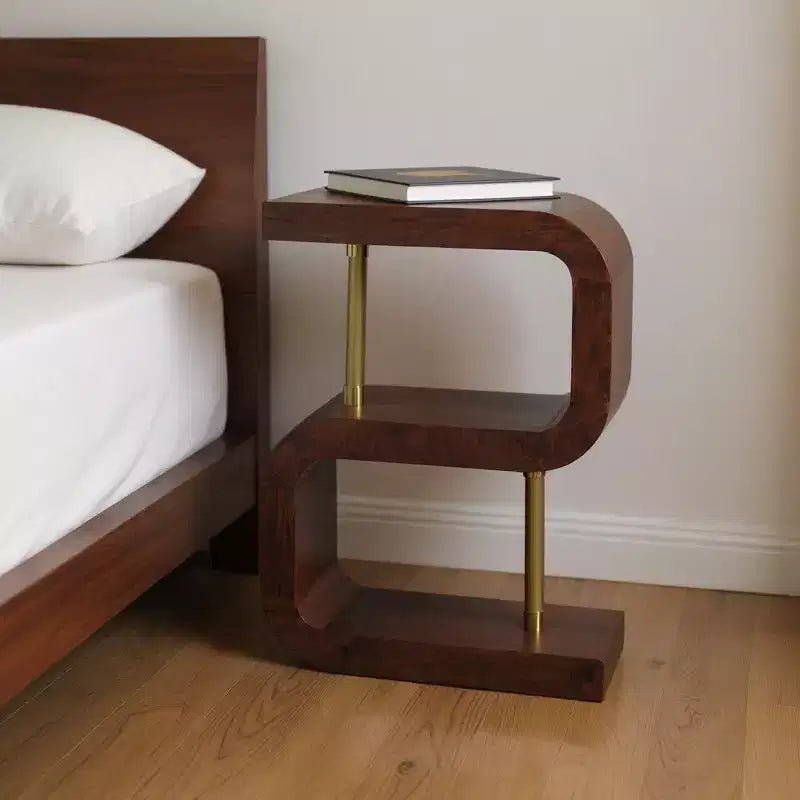 HomeRoots 24 Chestnut And Gold Solid Wood Curved Nightstand