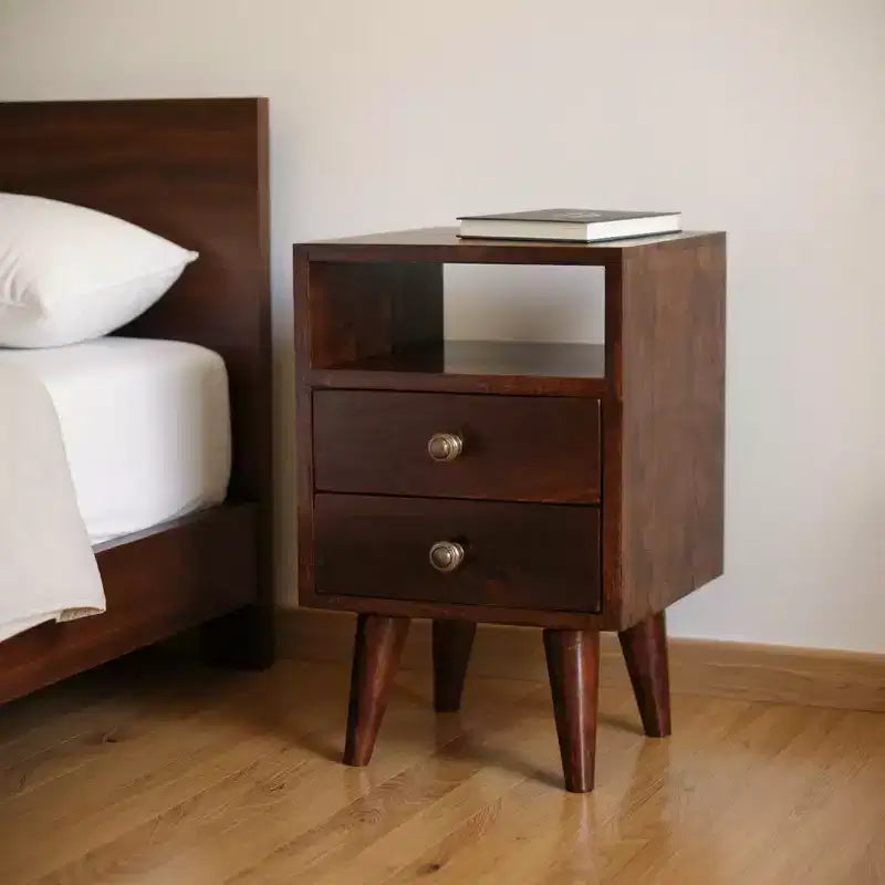 HomeRoots 20 Walnut Solid Wood Square Two Drawer Nightstand