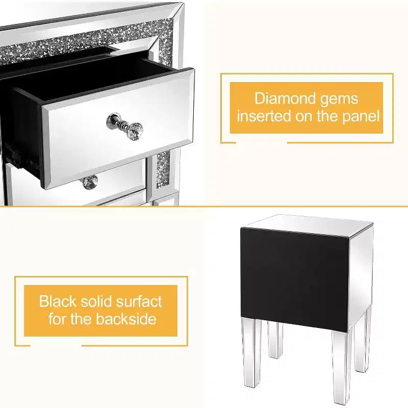 VINGLI Mirror Nightstand with Drawer, Silver Mirrored Glass End Table, Crushed Diamond Glitter