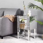 VINGLI Mirror Nightstand with Drawer, Silver Mirrored Glass End Table, Crushed Diamond Glitter