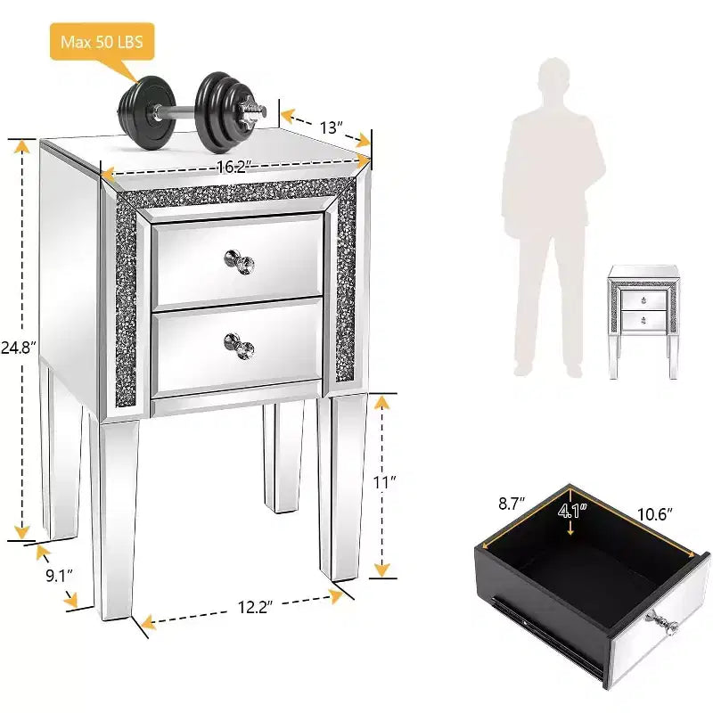 VINGLI Mirror Nightstand with Drawer, Silver Mirrored Glass End Table, Crushed Diamond Glitter