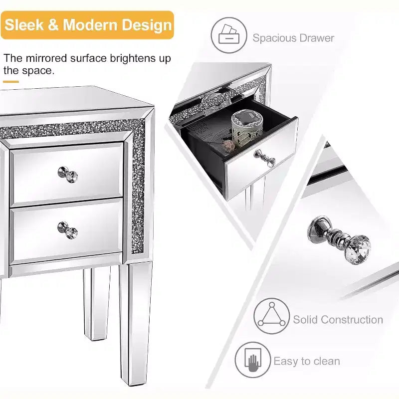 VINGLI Mirror Nightstand with Drawer, Silver Mirrored Glass End Table, Crushed Diamond Glitter